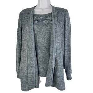 Drapers & Damons Cardigan Set Women SM Blue Grey 2pc Embroidered Floral Twinset